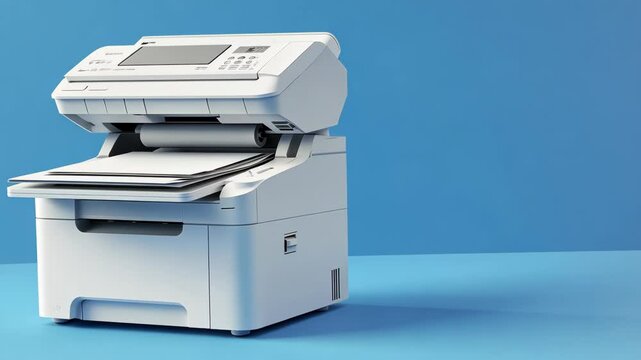 A white all-in-one printer sits on a blue surface
