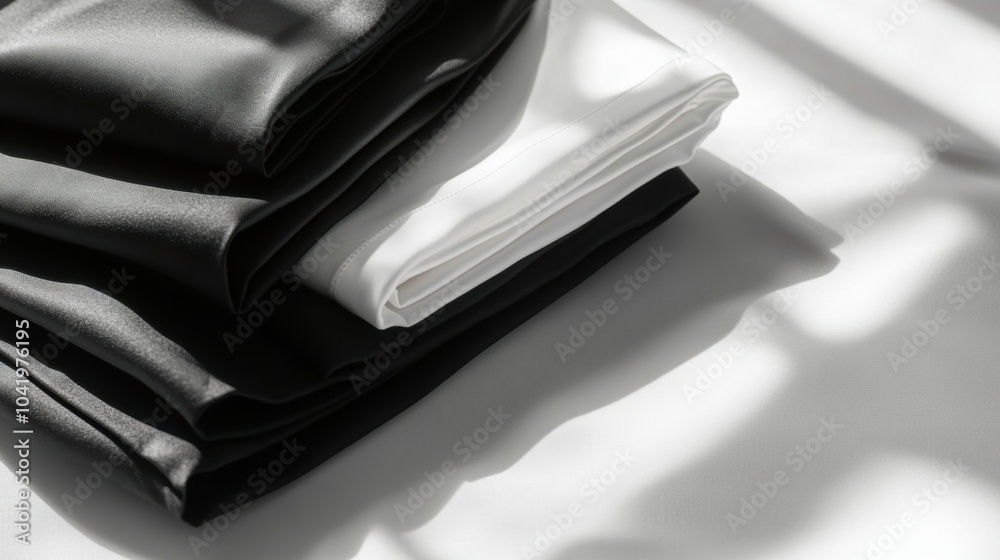 Aufkleber neatly arranged black and white sportswear rests on a smooth table, highlighted by elegant shadows f