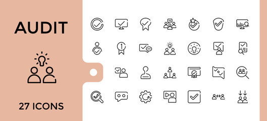 Audit line icons set. Containing report, compliance, finance, accounting, analysis and more symbol. Line vector collection. Editable stroke and pixel perfect.