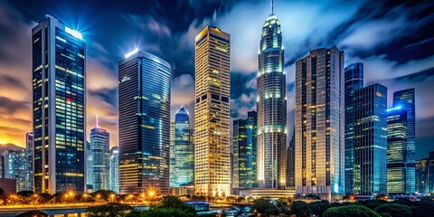 Night Photography of Skyscrapers with Bright Lights and Modern Design Elements for Urban Aesthetics