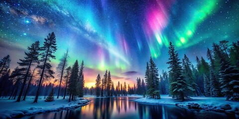 night forest landscape with starry sky and bright aurora