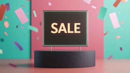 A vibrant display featuring a "SALE" sign surrounded by colorful confetti, ideal for promotional events and marketing campaigns.