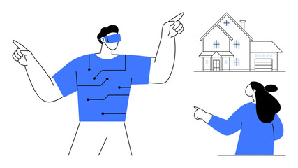 Two people, one wearing a VR headset, point toward a modern house. Ideal for technology, smart homes, virtual reality, family interaction, and futuristic innovations. Minimalist line art style