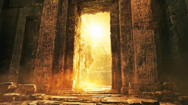 A bright light shines through the entrance of an ancient temple, illuminating the stone carvings and steps leading inside