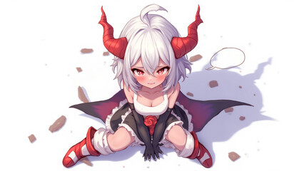 a girl with horns and a red devil costume sits on the ground