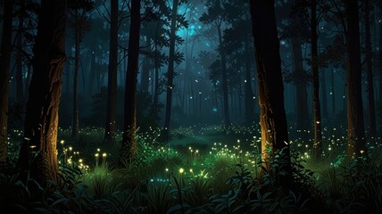 Fototapeta premium The mystical forest scene at night. The air is filled with lights that are twisted when innumerable fireflies float between lush green plants. The narrow and winding paths lead deeper into the forest.