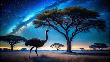 Night Safari: Ostrich Struthio camelus in South Africa Under the Stars