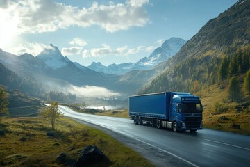 Blue Truck Navigating in a Picturesque Mountain Landscape