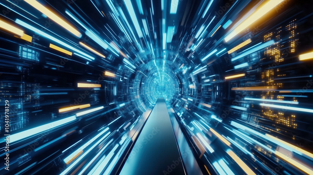 Poster Abstract futuristic digital technology background featuring high-speed blue light lines and glowing effects. The dynamic design represents data transfer and high-tech innovation in motion, resembling 