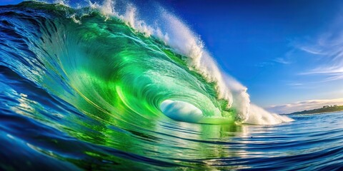 perfect green wave breaking with a blue sky background