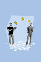 Vertical collage young man internet transfer data laptop remote job manager idea share mind thought invention solution drawing background