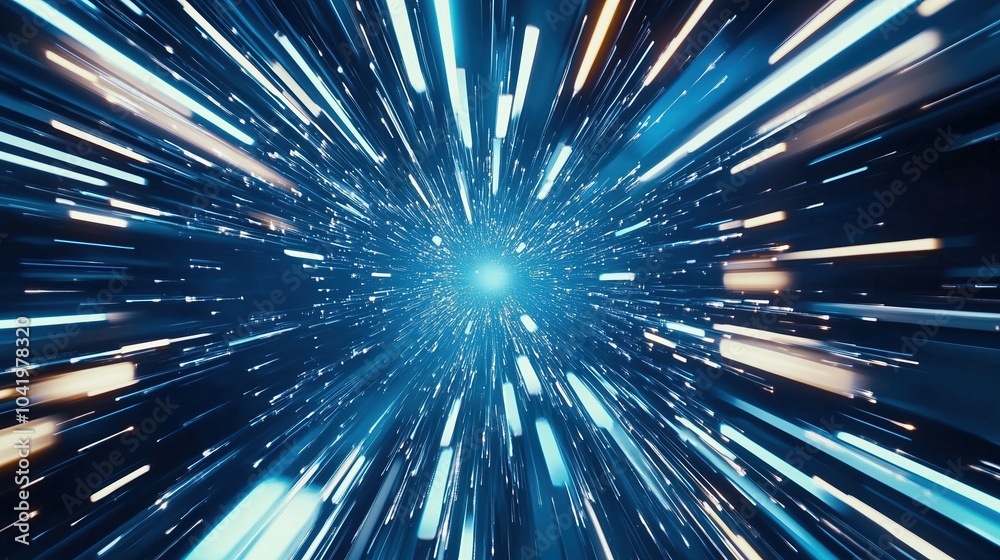 Poster Abstract futuristic digital technology background featuring high-speed blue light lines and glowing effects. The dynamic design represents data transfer and high-tech innovation in motion, resembling 