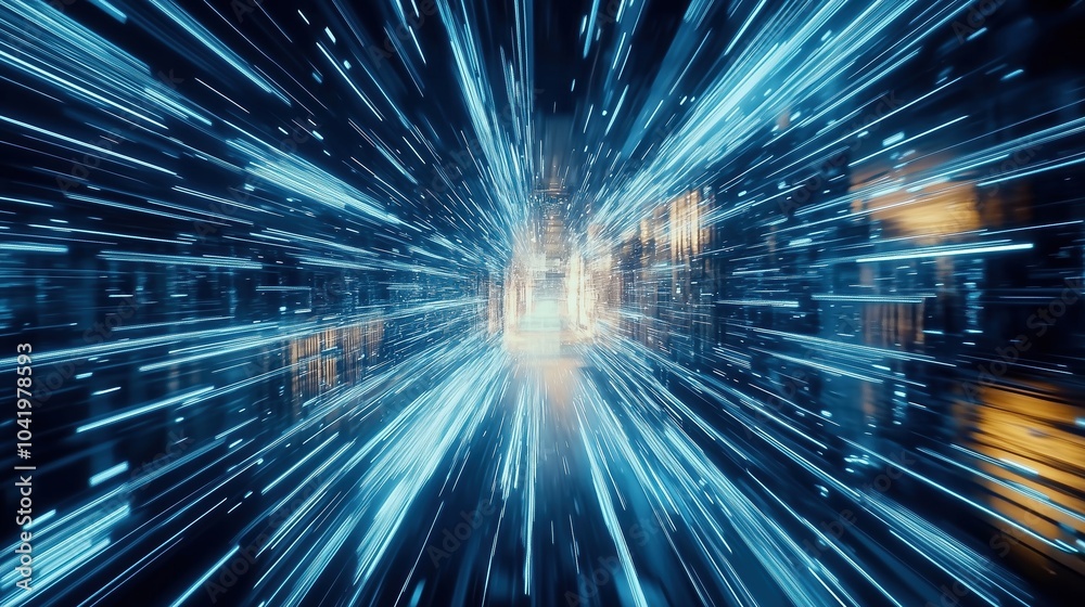 Poster abstract futuristic digital technology background featuring high-speed blue light lines and glowing 