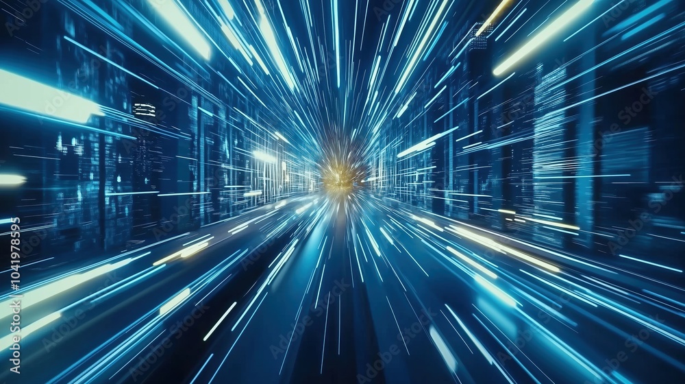 Poster Abstract futuristic digital technology background featuring high-speed blue light lines and glowing effects. The dynamic design represents data transfer and high-tech innovation in motion, resembling 