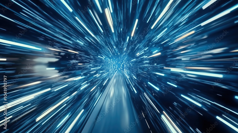 Poster Abstract futuristic digital technology background featuring high-speed blue light lines and glowing effects. The dynamic design represents data transfer and high-tech innovation in motion, resembling 