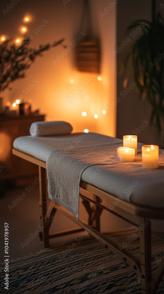 Poster wooden massage table draped with clean towels is illuminated by the warm glow of candles, creating a