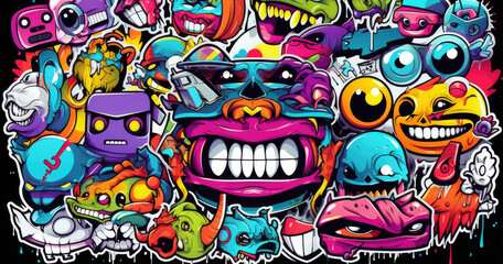 A vibrant collage of cartoonish characters and faces, showcasing a playful and whimsical art style.