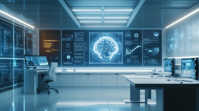A sophisticated AI research laboratory, minimalist design with supercomputers and neural network diagrams, High-tech style