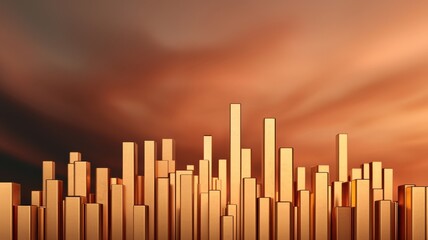 Obraz premium A golden skyline with abstract vertical bars against a dramatic orange sky, creating a striking and modern visual.