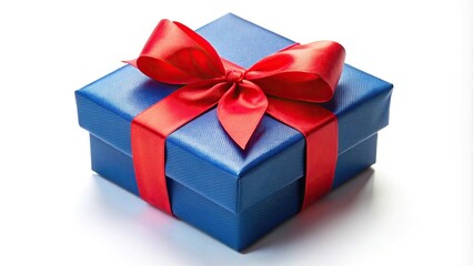 Reflected blue gift box with red bow on white background