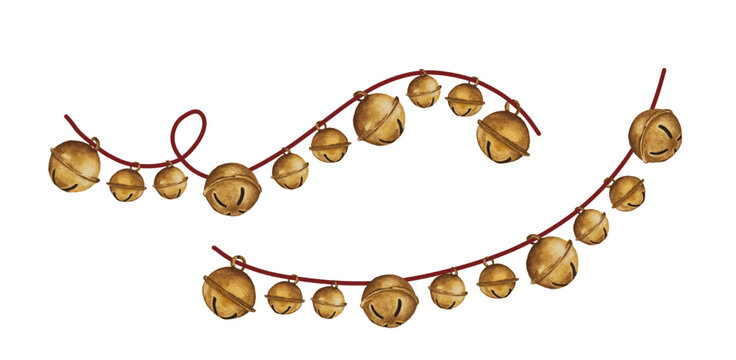 Watercolor golgen jingle bells garland on the rope. Christmas holiday bronze sleigh bells handing for christmas greeting.