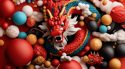 vibrant dragon surrounded by colorful spheres and textures symbolizes celebration