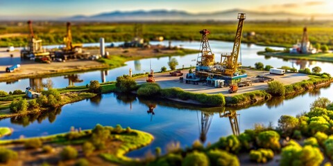 Fototapeta premium Oil Drilling in California Wetlands: A Tilt-Shift Perspective on Environmental Impact and Industry Innovation