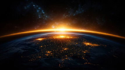 Fototapeta premium stunning view of Earth from space, showcasing vibrant sunrise over horizon