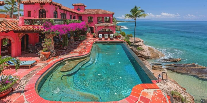 A breathtaking view of a vibrant oceanfront villa with a captivating infinity pool, surrounded by lush tropical plants and overlooking the pristine turquoise sea