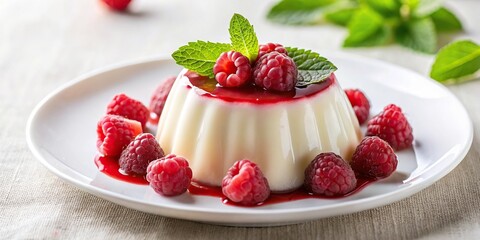 Delicious panna cotta dessert with fresh raspberries and mint leaves on a white plate, perfect for a gourmet treat high angle