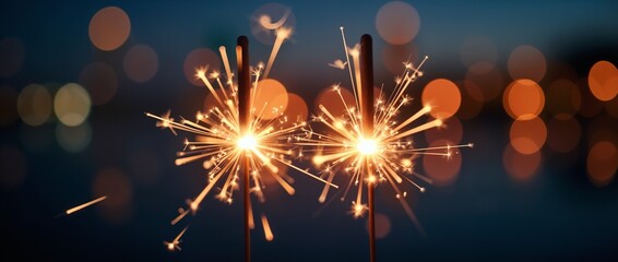 A close-up image of two sparklers burning brightly against a blurred background with warm lights, symbolizing celebration and festive atmosphere. Ideal for holiday or party-themed designs.

