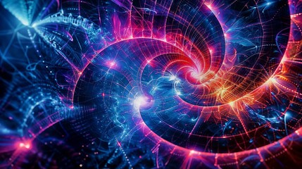 Fototapeta premium Abstract spiral patterns with vibrant colors and glowing energy in a cosmic design, background. 