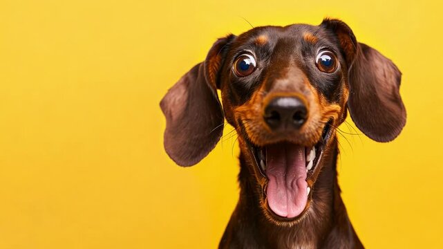 A cheerful dachshund displays excitement with its mouth open in smile, set against a vibrant yellow backdrop