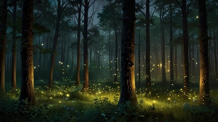 Fototapeta premium The mystical forest scene at night. The air is filled with lights that are twisted when innumerable fireflies float between lush green plants. The narrow and winding paths lead deeper into the forest.