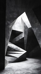 Monochrome geometric design with bold polygonal shapes, minimalist black and white palette, subtle shadows between the layers for depth, clean lines and sharp edges,