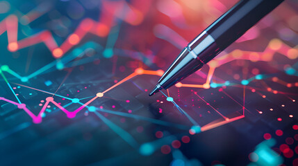 A vibrant blue and red background filled with intersecting lines and scattered dots, A scatter plot showing the correlation between market volatility and trade volume