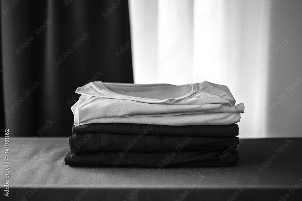 Aufkleber A collection of neatly folded minimalist sportswear is arranged on a smooth table, showcasing a blend of colors and simplicity. Generative AI