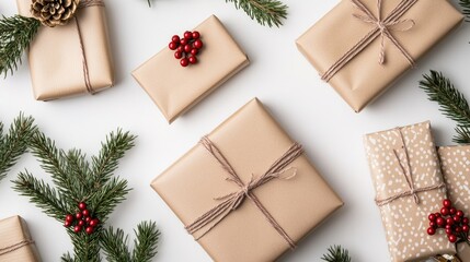 Fototapeta premium Beautifully arranged Christmas gifts with red berries and pine branches create a festive atmosphere perfect for holiday celebrations