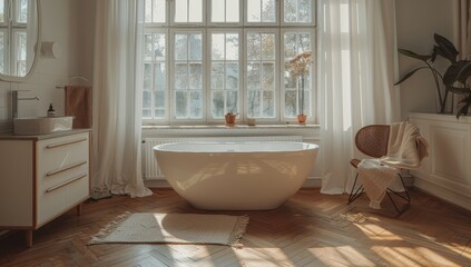 Scandinavian-Style Bathroom with Freestanding Tub, Modern Sink, and Luxurious Rug