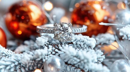 Sparkling diamond ring on snow-covered pine branches. Festive holiday jewelry design