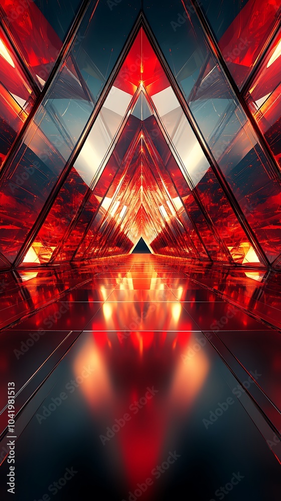 Wall mural Radial arrangement of 3D pyramids with glowing red and gold edges, metallic reflections on polished surfaces, sharp geometric precision, layered depth created by shadows,