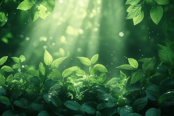 Sunlight filters through vibrant green leaves in a tranquil forest setting during daytime