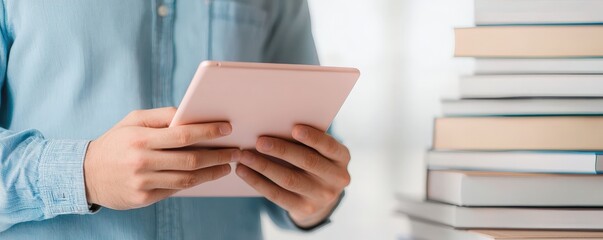 A person holds a tablet while surrounded by a stack of books, blending digital and traditional reading methods in a cozy setting.