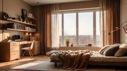Obraz premium A corner of cozy bedroom or living room at home. Bedroom with window, bed, pillows, bookshelf. Very cute cozy interior design, romantic dim lighting, sun morning lighting. Browns and beiges colors.