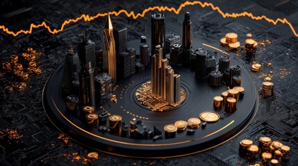 A city is shown in a circular shape with a lot of gold coins scattered around it