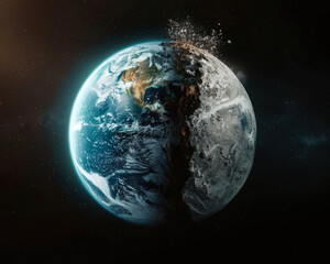 Fototapeta premium A photomontage combining a healthy, flourishing Earth with a ravaged, melted counterpart, highlighting climate change