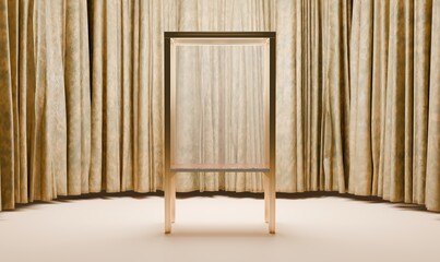 Showcase, glass cabinet, curtain hall, luxury stage, scene, curtain, 3D illustration