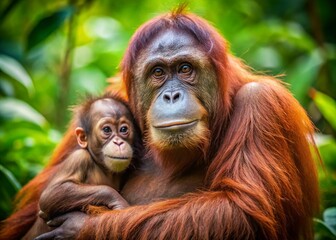 Naklejka premium Orangutan Mother and Child in Conservation Setting - Wildlife Family Bonding in Tropical Forest