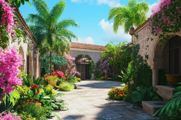 Fototapeta premium Picturesque Courtyard Adorned with Vibrant Flowers
