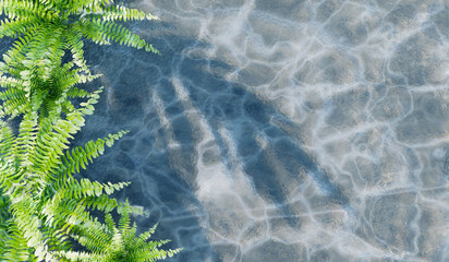 Top view, clear water surface reflecting sunlight, decorated with green leaves, 3D illustration.